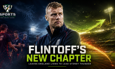 Andrew Flintoff stands between England Lions training imagery and a dramatic Sydney Thunder-inspired stadium backdrop, symbolizing his move from England’s development setup to a new Big Bash League coaching chapter.