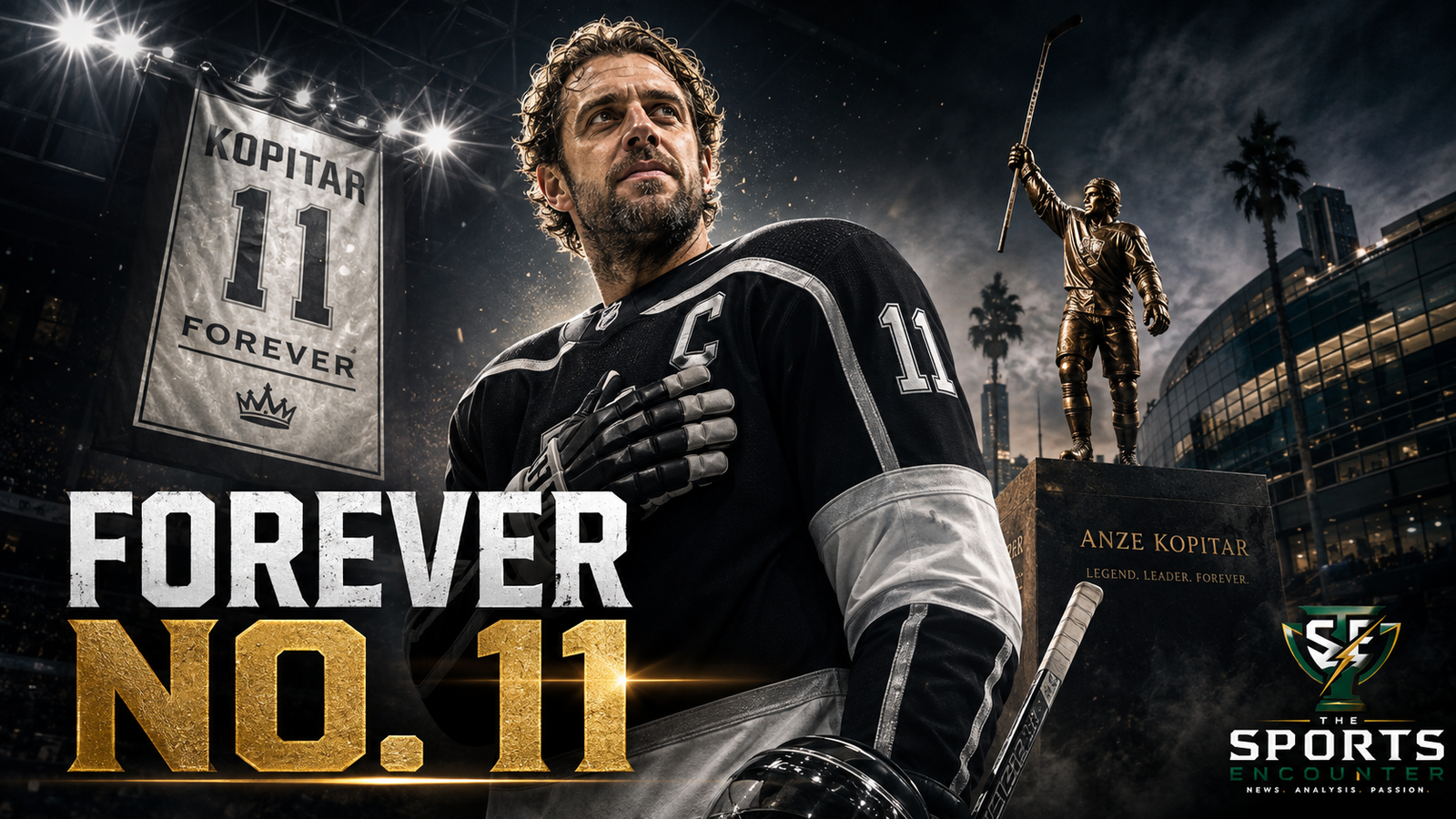 Anze Kopitar in a black No. 11 hockey uniform stands beneath arena lights beside a retired jersey banner and bronze statue, honoring his 20-season Los Angeles Kings career, two Stanley Cups and permanent franchise legacy.