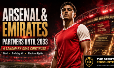 Cinematic Arsenal and Emirates sponsorship graphic showing a stylized footballer in a red-and-white kit outside a floodlit stadium, with the headline “Partners Until 2033,” contract imagery, shirt, training kit and stadium-rights details, and The Sports Encounter logo.