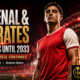 Cinematic Arsenal and Emirates sponsorship graphic showing a stylized footballer in a red-and-white kit outside a floodlit stadium, with the headline “Partners Until 2033,” contract imagery, shirt, training kit and stadium-rights details, and The Sports Encounter logo.