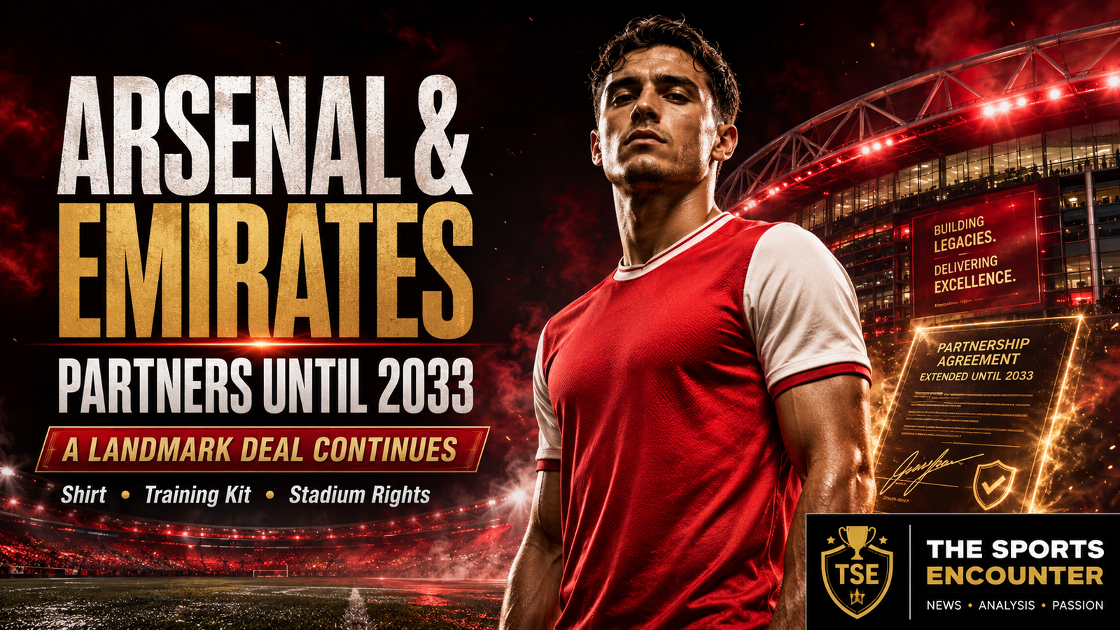 Cinematic Arsenal and Emirates sponsorship graphic showing a stylized footballer in a red-and-white kit outside a floodlit stadium, with the headline “Partners Until 2033,” contract imagery, shirt, training kit and stadium-rights details, and The Sports Encounter logo.