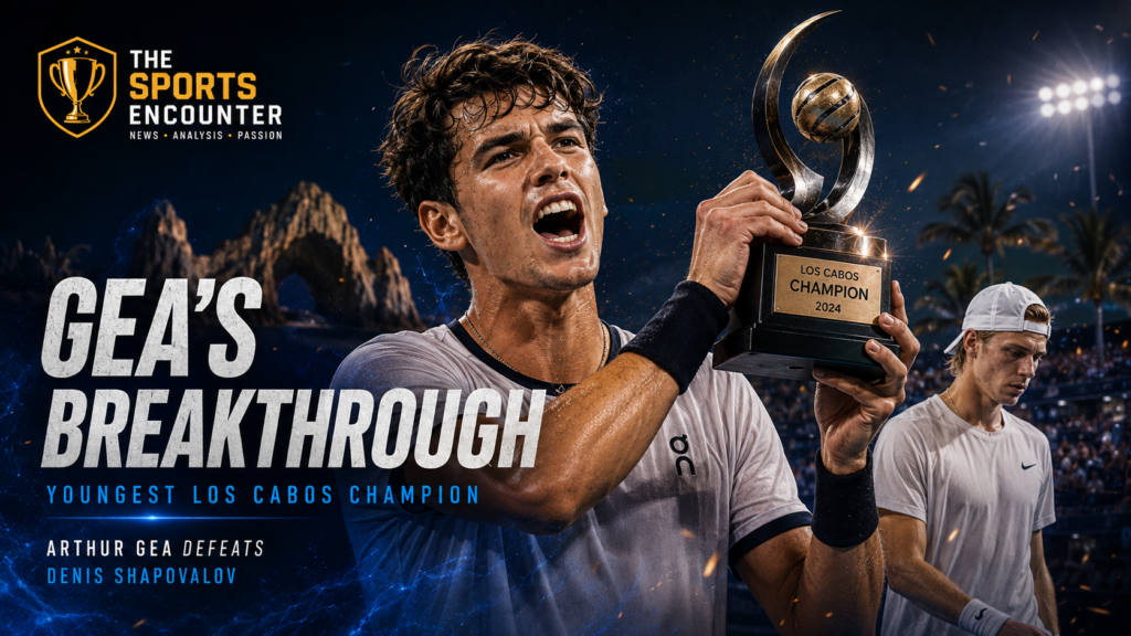 Arthur Gea celebrates with the Los Cabos trophy after defeating defending champion Denis Shapovalov in straight sets to win his first ATP Tour title.
