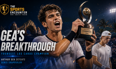 Arthur Gea celebrates with the Los Cabos trophy after defeating defending champion Denis Shapovalov in straight sets to win his first ATP Tour title.