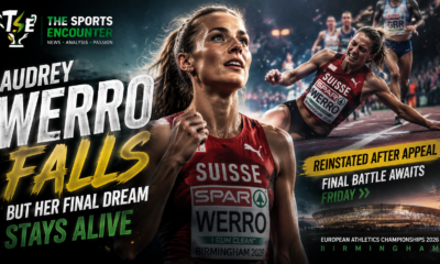 Audrey Werro pictured after falling in the women’s 800m semifinal at the 2026 European Athletics Championships in Birmingham before being reinstated into the final.