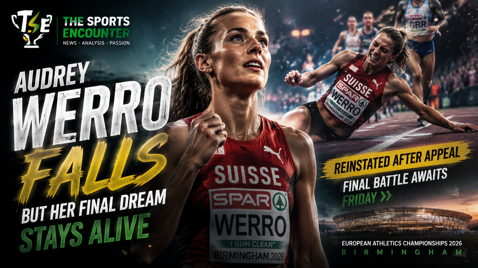 Audrey Werro pictured after falling in the women’s 800m semifinal at the 2026 European Athletics Championships in Birmingham before being reinstated into the final.