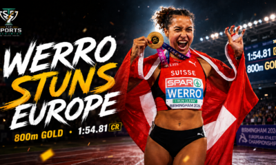Audrey Werro celebrates after winning European 800m gold in a championship-record 1:54.81, beating Keely Hodgkinson at Birmingham 2026.