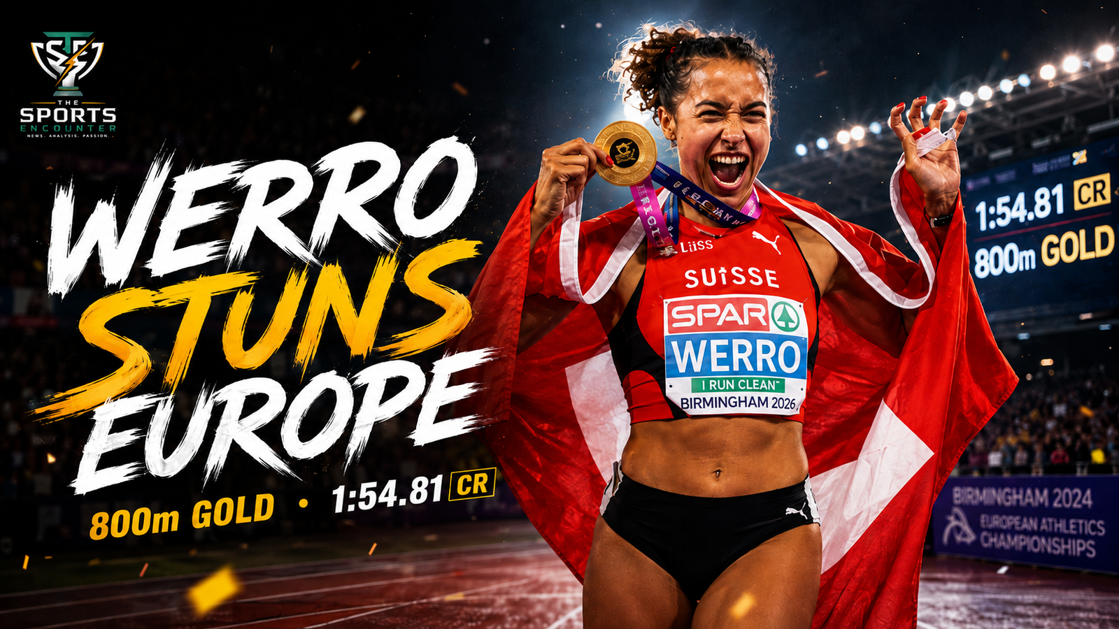 Audrey Werro celebrates after winning European 800m gold in a championship-record 1:54.81, beating Keely Hodgkinson at Birmingham 2026.