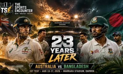 Australia and Bangladesh cricketers face off in a cinematic VFX-style Test cricket poster at Marrara Stadium in Darwin, featuring the headline “23 Years Later” ahead of the first Test on August 13, 2026, with The Sports Encounter logo.