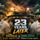 Australia and Bangladesh cricketers face off in a cinematic VFX-style Test cricket poster at Marrara Stadium in Darwin, featuring the headline “23 Years Later” ahead of the first Test on August 13, 2026, with The Sports Encounter logo.