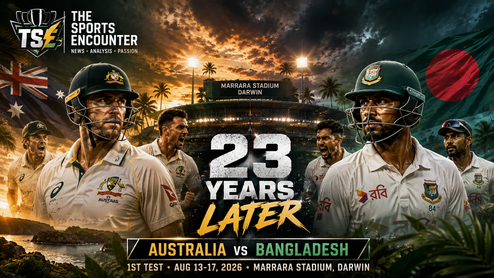 Australia and Bangladesh cricketers face off in a cinematic VFX-style Test cricket poster at Marrara Stadium in Darwin, featuring the headline “23 Years Later” ahead of the first Test on August 13, 2026, with The Sports Encounter logo.