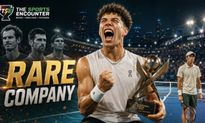 Ben Shelton celebrates with the National Bank Open trophy after defeating Brandon Nakashima, with Andy Murray, Novak Djokovic and Rafael Nadal featured behind him to highlight his rare title-defense achievement in Montreal.