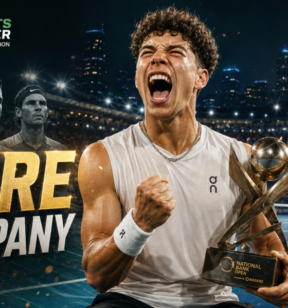 Ben Shelton celebrates with the National Bank Open trophy after defeating Brandon Nakashima, with Andy Murray, Novak Djokovic and Rafael Nadal featured behind him to highlight his rare title-defense achievement in Montreal.