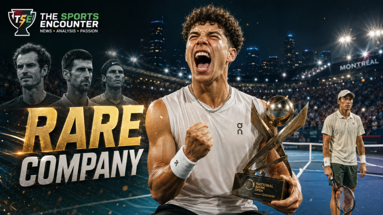 Ben Shelton celebrates with the National Bank Open trophy after defeating Brandon Nakashima, with Andy Murray, Novak Djokovic and Rafael Nadal featured behind him to highlight his rare title-defense achievement in Montreal.