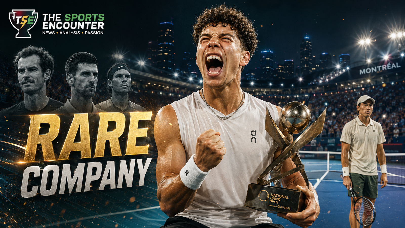 Ben Shelton celebrates with the National Bank Open trophy after defeating Brandon Nakashima, with Andy Murray, Novak Djokovic and Rafael Nadal featured behind him to highlight his rare title-defense achievement in Montreal.