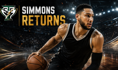 Ben Simmons dribbles on a floodlit basketball court in a cinematic comeback graphic, with “Simmons Returns” highlighting his bid to return to the NBA after a season away.