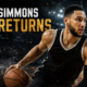 Ben Simmons dribbles on a floodlit basketball court in a cinematic comeback graphic, with “Simmons Returns” highlighting his bid to return to the NBA after a season away.