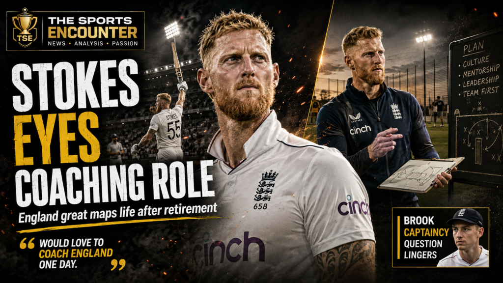 Ben Stokes appears in England whites between scenes from his playing career and a future coaching role, with a tactics board and a sidebar highlighting the unresolved Harry Brook captaincy debate.