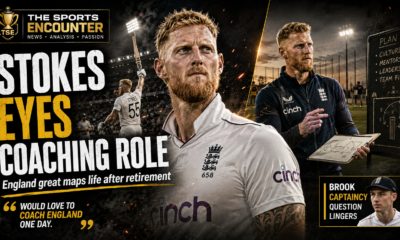 Ben Stokes appears in England whites between scenes from his playing career and a future coaching role, with a tactics board and a sidebar highlighting the unresolved Harry Brook captaincy debate.