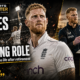 Ben Stokes appears in England whites between scenes from his playing career and a future coaching role, with a tactics board and a sidebar highlighting the unresolved Harry Brook captaincy debate.