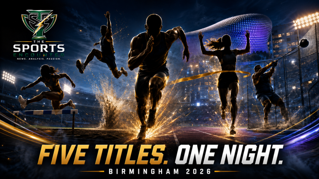 Romell Glave, Nadia Battocletti, Nadine Visser, Miltiadis Tentoglou and Bence Halász feature in a cinematic Birmingham 2026 European Athletics Championships Day 2 graphic highlighting the night’s five gold-medal performances.