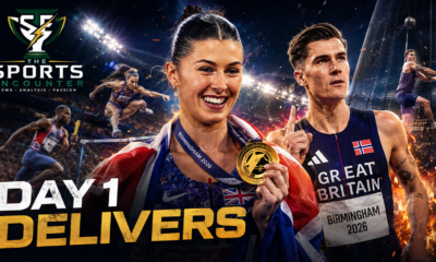 Amy Hunt celebrates her women’s 100m gold alongside fellow Birmingham 2026 Day 1 highlights, including Jakob Ingebrigtsen’s 5000m victory, relay action and shot put competition at Alexander Stadium.
