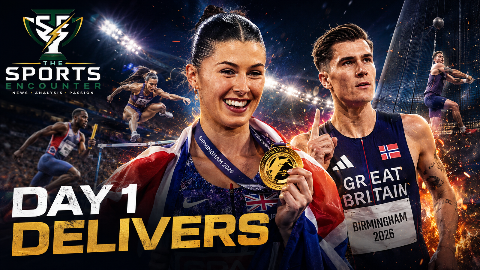 Amy Hunt celebrates her women’s 100m gold alongside fellow Birmingham 2026 Day 1 highlights, including Jakob Ingebrigtsen’s 5000m victory, relay action and shot put competition at Alexander Stadium.