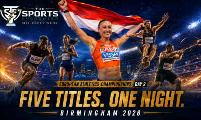 Romell Glave, Nadia Battocletti, Nadine Visser, Miltiadis Tentoglou and Bence Halász feature in a cinematic Birmingham 2026 European Athletics Championships Day 2 graphic highlighting the night’s five gold-medal performances.