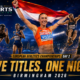 Romell Glave, Nadia Battocletti, Nadine Visser, Miltiadis Tentoglou and Bence Halász feature in a cinematic Birmingham 2026 European Athletics Championships Day 2 graphic highlighting the night’s five gold-medal performances.