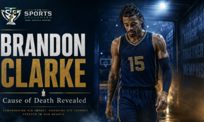 Cinematic tribute image of Brandon Clarke in a dark navy No. 15 basketball uniform beneath arena lights, accompanying a report on the medical examiner’s ruling on his cause of death.
