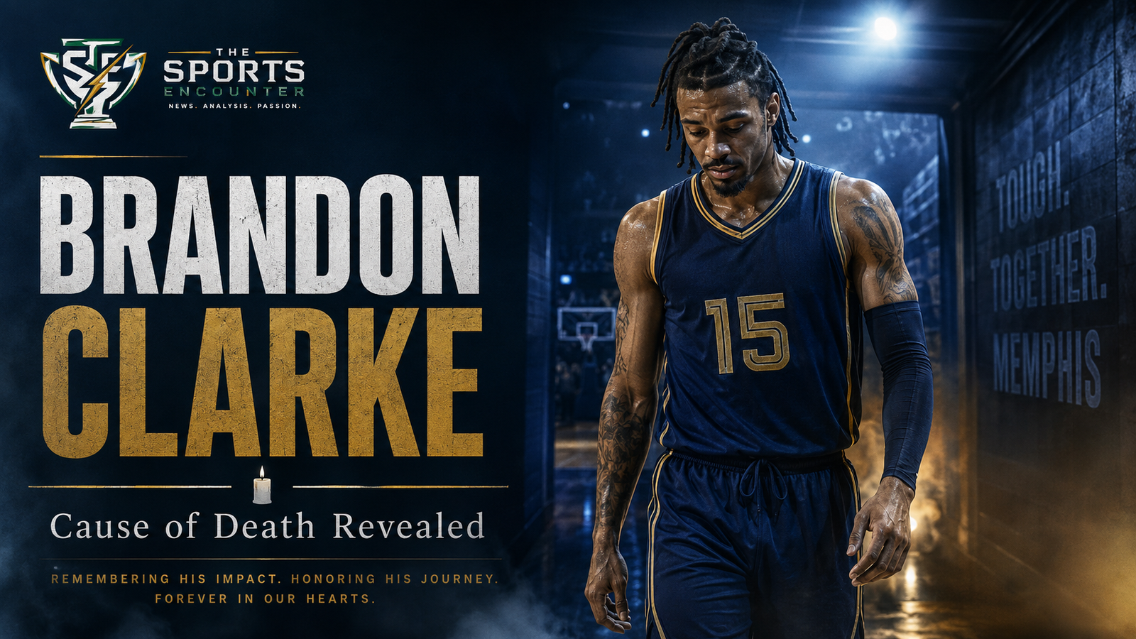 Cinematic tribute image of Brandon Clarke in a dark navy No. 15 basketball uniform beneath arena lights, accompanying a report on the medical examiner’s ruling on his cause of death.