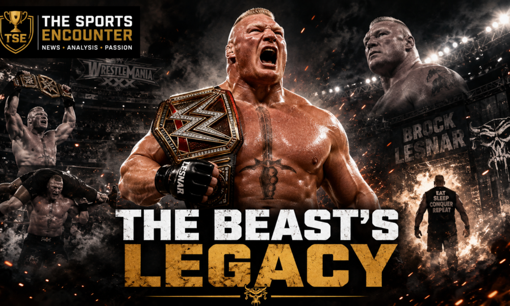Brock Lesnar roars with a championship belt in the center of a cinematic career montage featuring title celebrations, wrestling action and the punchline “The Beast’s Legacy.”