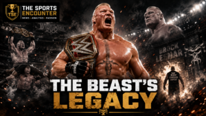 Brock Lesnar roars with a championship belt in the center of a cinematic career montage featuring title celebrations, wrestling action and the punchline “The Beast’s Legacy.”
