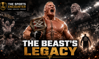 Brock Lesnar roars with a championship belt in the center of a cinematic career montage featuring title celebrations, wrestling action and the punchline “The Beast’s Legacy.”