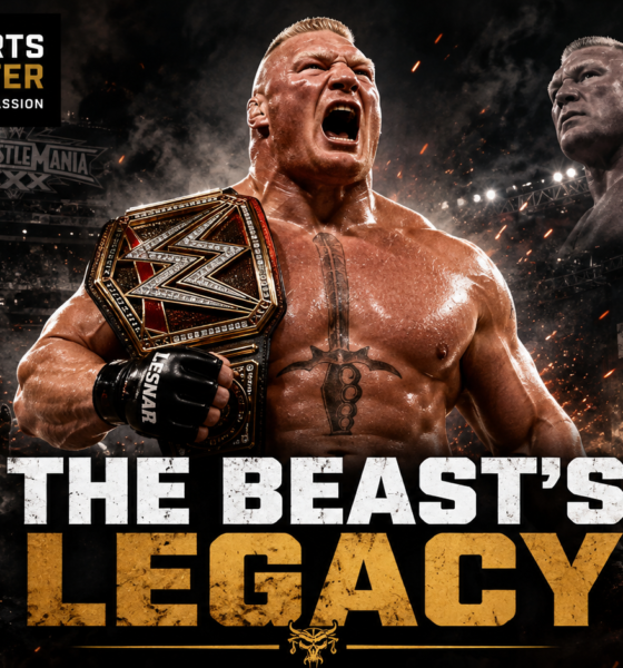 Brock Lesnar roars with a championship belt in the center of a cinematic career montage featuring title celebrations, wrestling action and the punchline “The Beast’s Legacy.”