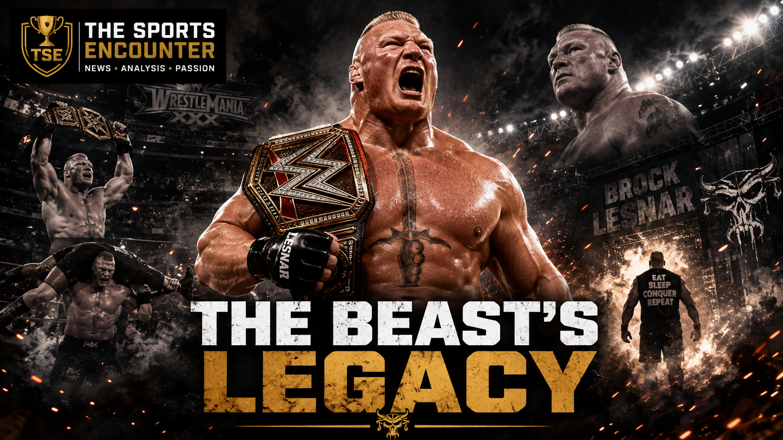 Brock Lesnar roars with a championship belt in the center of a cinematic career montage featuring title celebrations, wrestling action and the punchline “The Beast’s Legacy.”