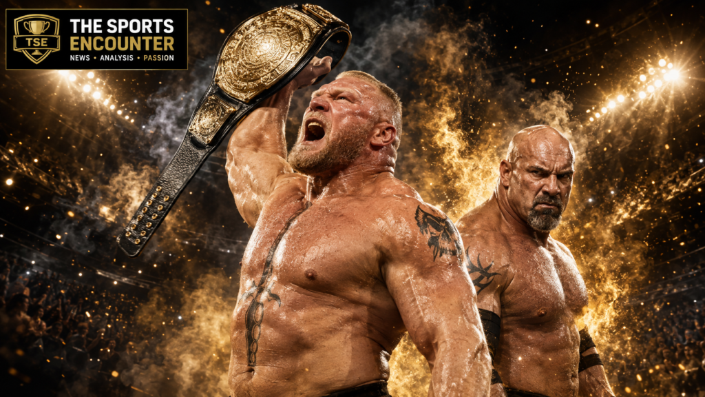 Brock Lesnar raises a gold championship belt above his head as Goldberg stands behind him in a fiery arena filled with sparks and dramatic stadium lighting.