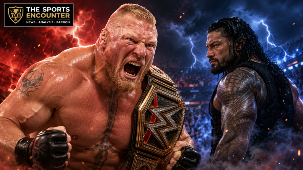 Brock Lesnar clenches his fists with a championship belt across his chest while Roman Reigns stares him down amid red-and-blue lightning and arena smoke.