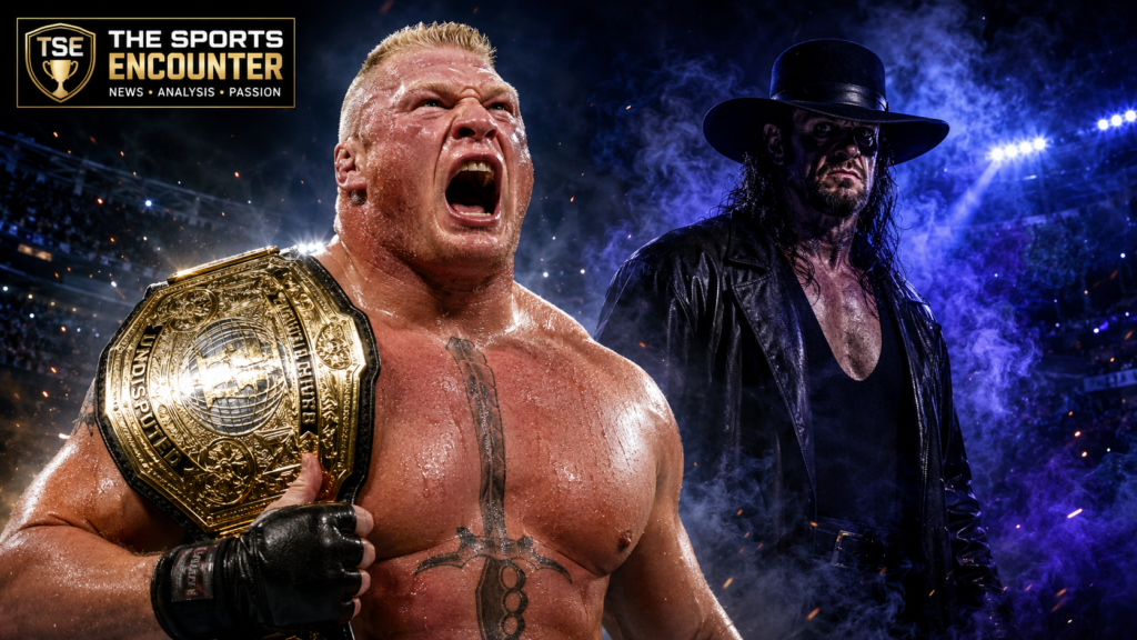 Brock Lesnar roars with a gold championship belt over his shoulder as The Undertaker looms behind him in a smoke-filled arena under blue and purple lights.