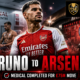 Alt text: Bruno Guimarães wears an Arsenal shirt outside Emirates Stadium after completing his medical for a reported £75 million transfer from Newcastle United.