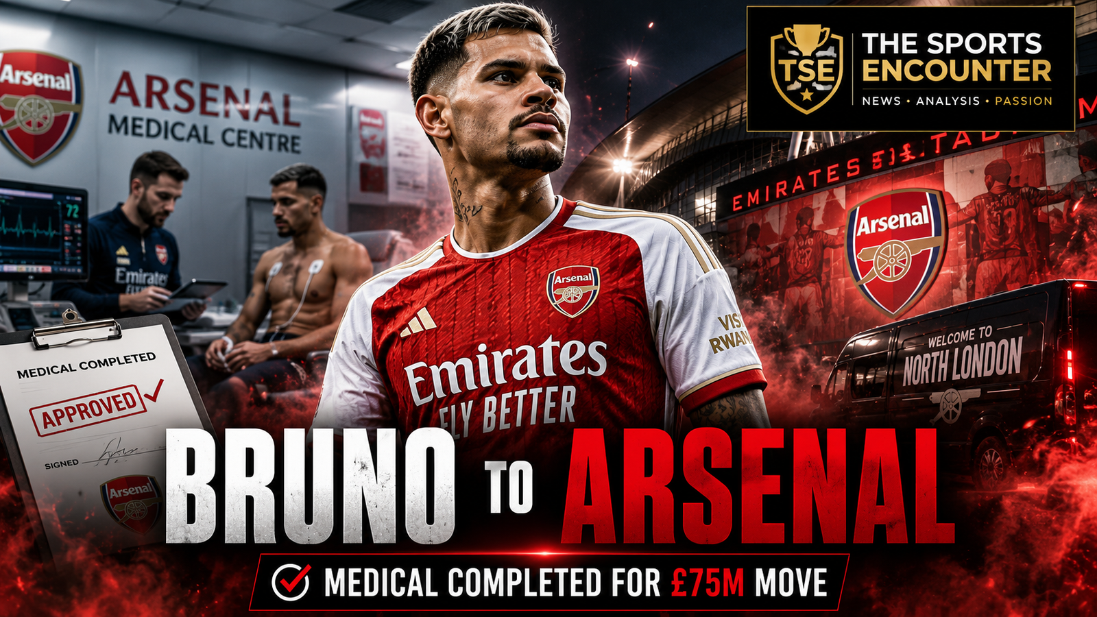 Alt text: Bruno Guimarães wears an Arsenal shirt outside Emirates Stadium after completing his medical for a reported £75 million transfer from Newcastle United.