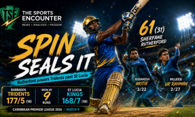 Sherfane Rutherford and Barbados Tridents celebrate their nine-run victory over St Lucia Kings in CPL 2026 Match 9 at Gros Islet.