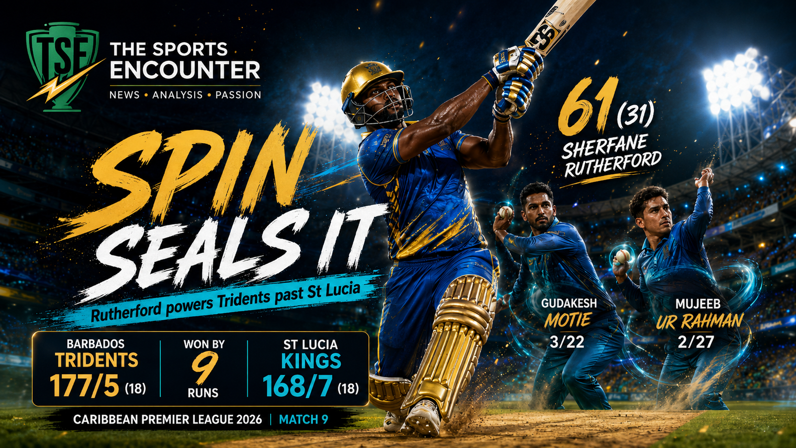 Sherfane Rutherford and Barbados Tridents celebrate their nine-run victory over St Lucia Kings in CPL 2026 Match 9 at Gros Islet.