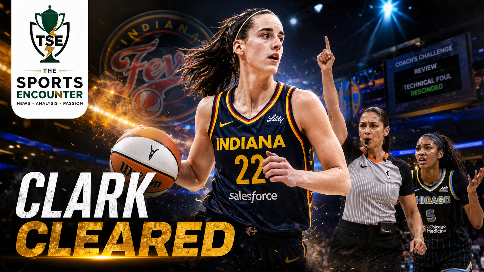 Caitlin Clark drives the ball for the Indiana Fever as a referee signals during the disputed call later rescinded by the WNBA, with “Clark Cleared” highlighting her avoided suspension.