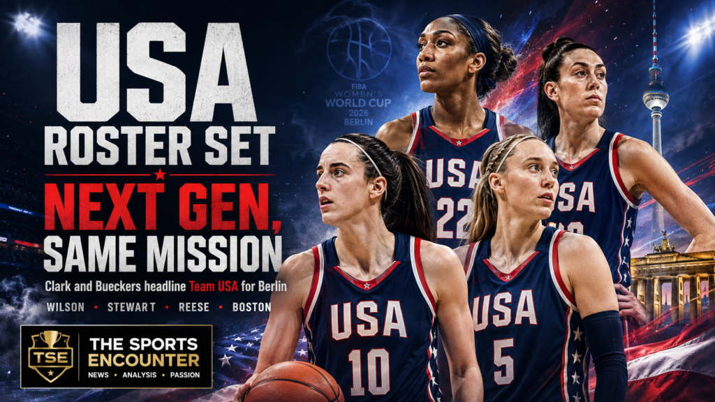 Cinematic Team USA women’s basketball graphic featuring stylized players inspired by Caitlin Clark, Paige Bueckers, A’ja Wilson, and Breanna Stewart, with Berlin landmarks, red-white-and-blue arena effects, the headline “USA Roster Set,” the message “Next Gen, Same Mission,” and The Sports Encounter logo.