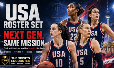 Cinematic Team USA women’s basketball graphic featuring stylized players inspired by Caitlin Clark, Paige Bueckers, A’ja Wilson, and Breanna Stewart, with Berlin landmarks, red-white-and-blue arena effects, the headline “USA Roster Set,” the message “Next Gen, Same Mission,” and The Sports Encounter logo.