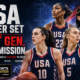 Cinematic Team USA women’s basketball graphic featuring stylized players inspired by Caitlin Clark, Paige Bueckers, A’ja Wilson, and Breanna Stewart, with Berlin landmarks, red-white-and-blue arena effects, the headline “USA Roster Set,” the message “Next Gen, Same Mission,” and The Sports Encounter logo.