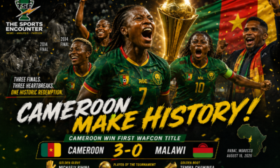 Cameroon players celebrate their historic 3-0 victory over Malawi in the WAFCON 2026 final in Rabat, securing the nation’s first Women’s Africa Cup of Nations title.
