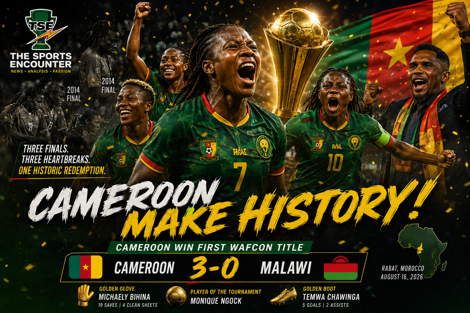 Cameroon players celebrate their historic 3-0 victory over Malawi in the WAFCON 2026 final in Rabat, securing the nation’s first Women’s Africa Cup of Nations title.