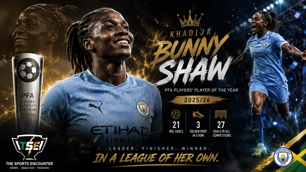 Khadija “Bunny” Shaw celebrates after winning the 2025/26 PFA Women’s Players’ Player of the Year award following a record-breaking Manchester City season.