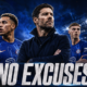 Xabi Alonso stands at Stamford Bridge with Morgan Rogers and Chelsea players as the club enters the 2026-27 season under pressure to turn heavy investment into Premier League results.